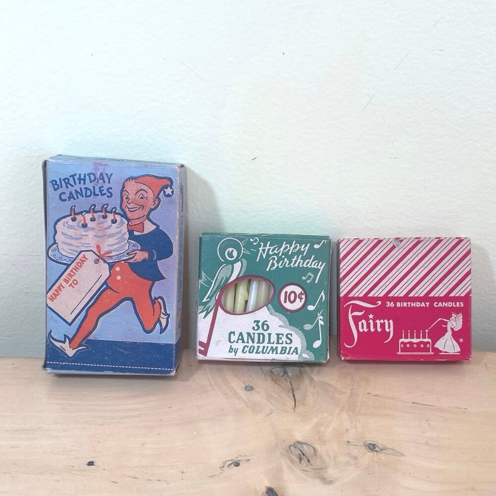 Candles 3 Vtg Birthday Cake Box Columbia Will & Baumer New Old Stock